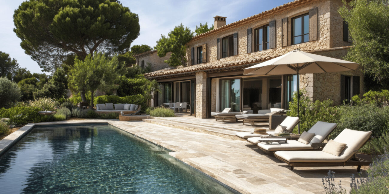 A luxurious villa blending historical stone architecture with modern outdoor lounging areas, featuring a sleek pool surrounded by lush Mediterranean landscaping.